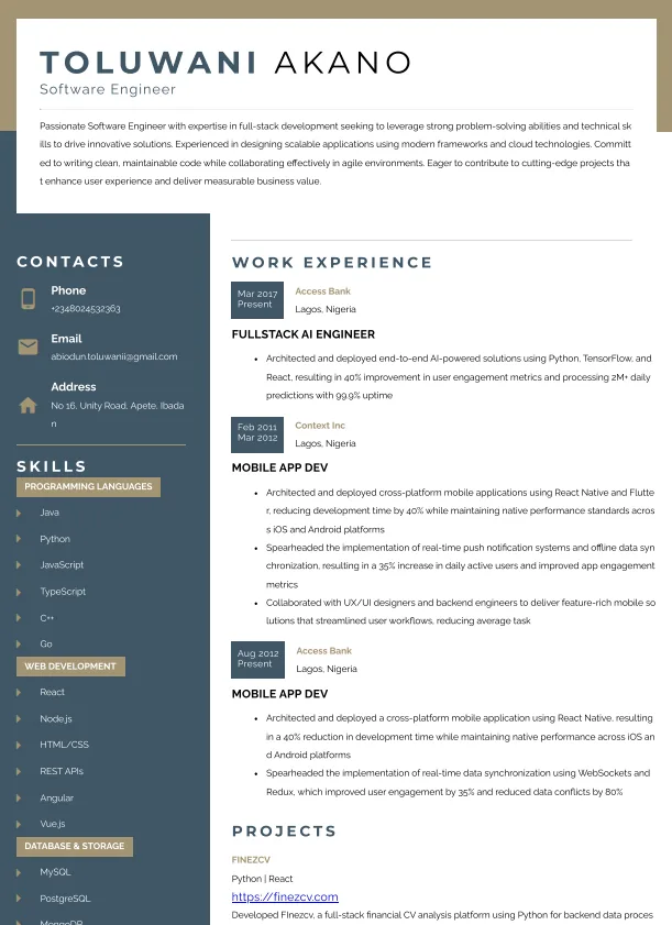 A finished CV built with FinezCV
